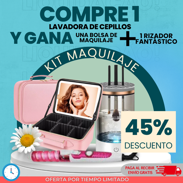 Compre 1 LAVADORA DE CEPILLOS y gana BOLSA DE MAQUILAJE + 1 RIZADOR Fantástico